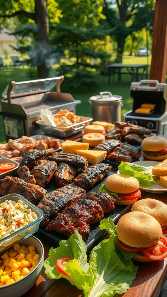 A backyard barbecue display with grilled ribs, chicken, and burgers, accompanied by coleslaw and cornbread on a sunny day.